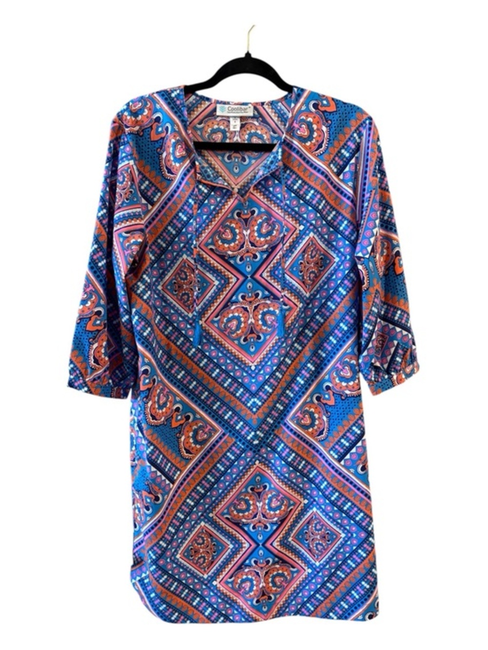 Coolibar UPF 50+ Paisley Tunic Dress Cover-Up Medium Blue Pink Boho Beach Resort